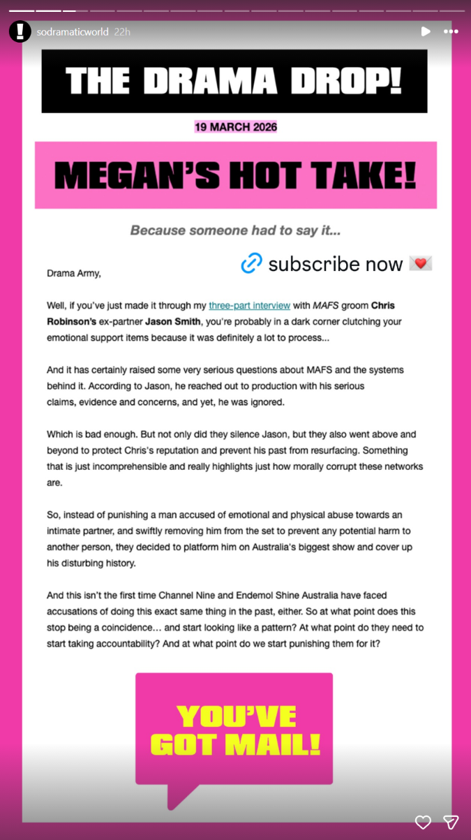 An Instagram story displays a 'So Dramatic!' newsletter titled 'THE DRAMA DROP!' and 'MEGAN'S HOT TAKE!', detailing an interview with MAFS groom Chris Robinson's ex-partner Jason Smith about claims of production cover-ups.