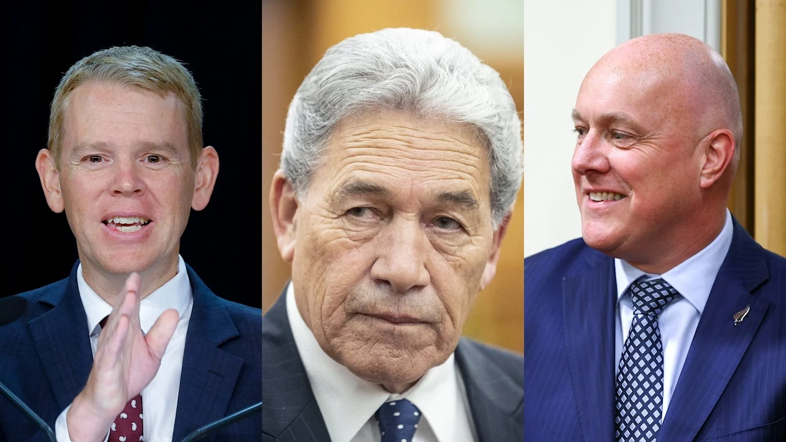 Three men in dark suits and ties are shown: one with blonde hair speaking and gesturing, a grey-haired man with a serious expression, and a bald man smiling.