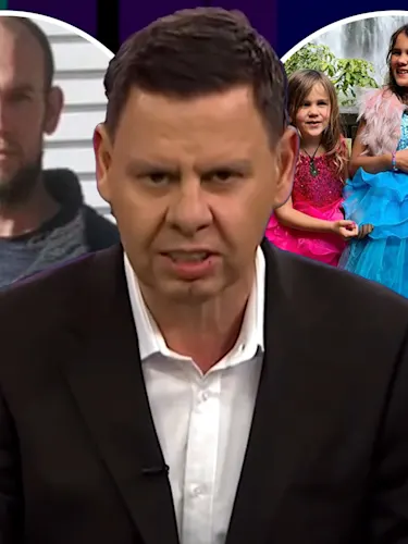 Patrick Gower with an angry expression infront of images of Tom Phillips (left) and his three children (right).