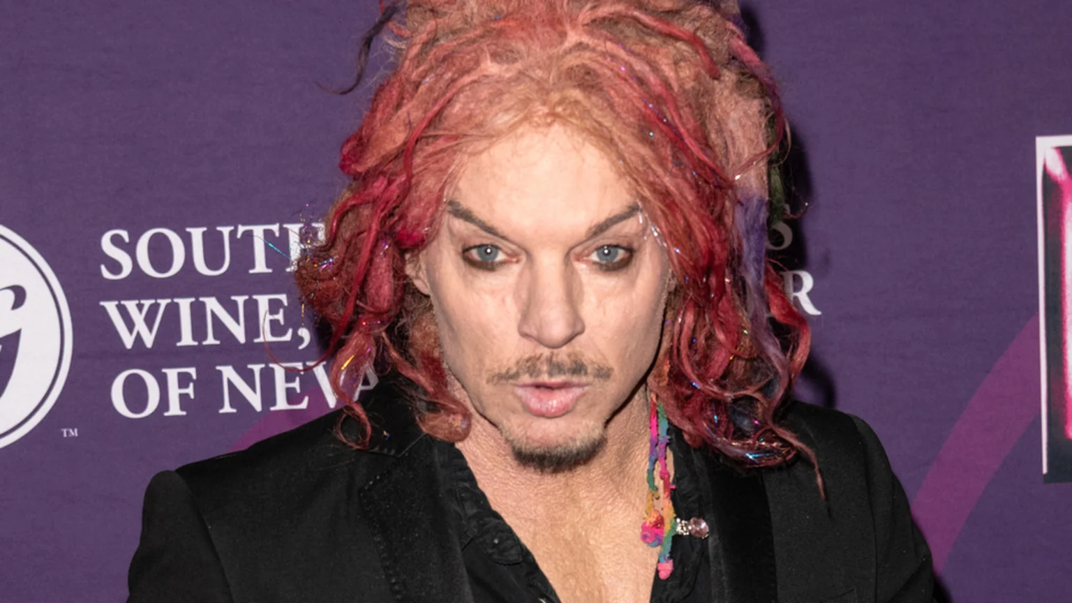 Carrot Top, with his wild red dreadlock-style hair, dark eye makeup, mustache, and goatee, looks intensely at the camera while wearing a black jacket against a purple background.