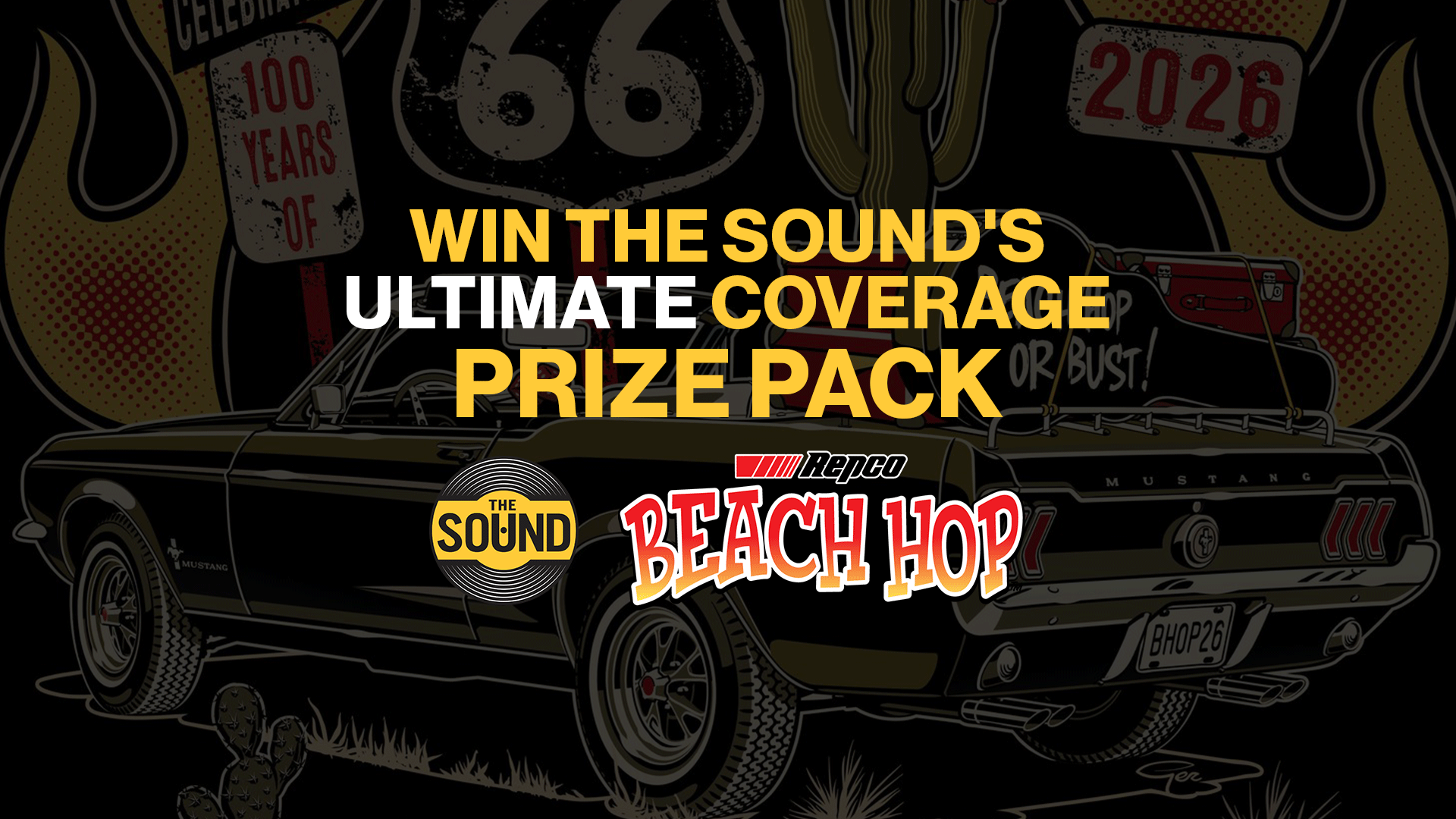 A black vintage Ford Mustang convertible loaded with luggage, featuring text "WIN THE SOUND'S ULTIMATE COVERAGE PRIZE PACK" and logos for "The Sound" and "Repco BEACH HOP" against a desert-themed background.
