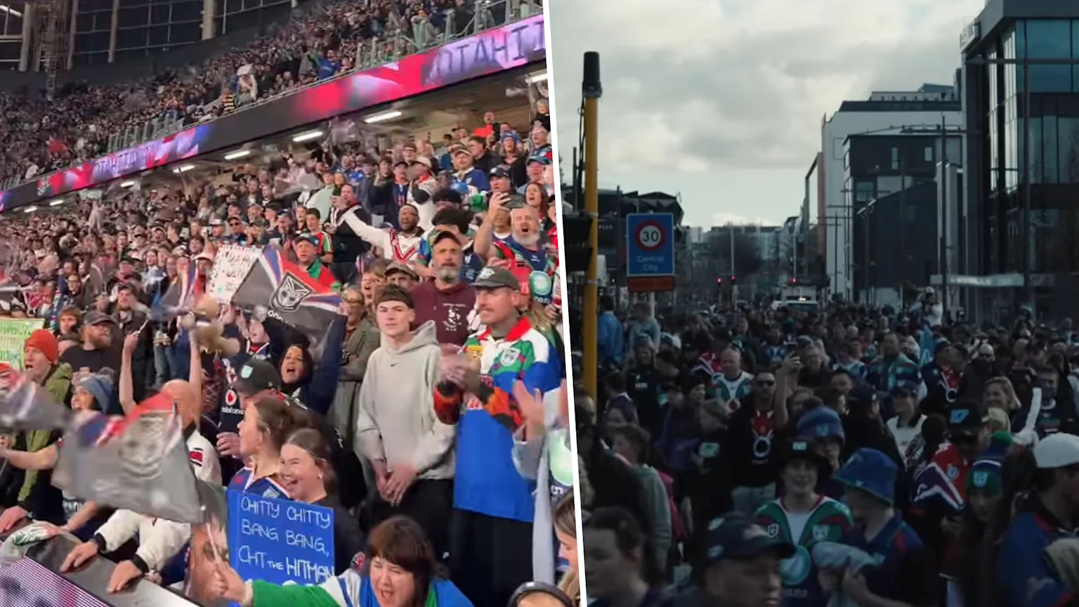 A split image shows a large, cheering crowd inside a stadium on the left, with people waving flags and holding signs, while the right side depicts a dense crowd walking down a city street, many wearing sports team apparel.