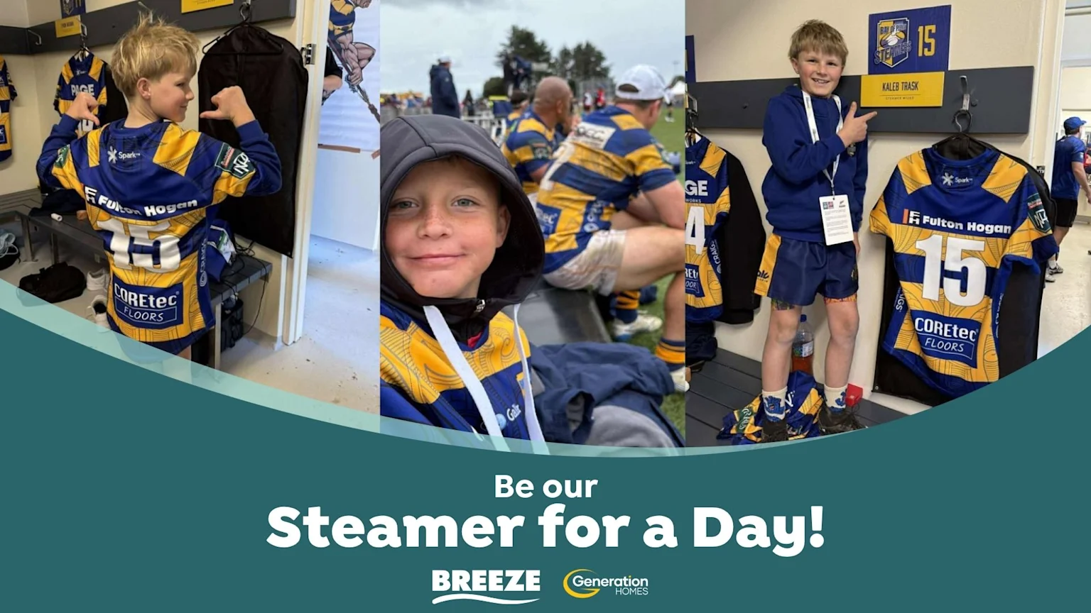 A joyful young boy participates in a "Steamer for a Day" rugby experience, pictured in a locker room flexing, smiling on the field, and pointing to a jersey and nameplate with number 15.