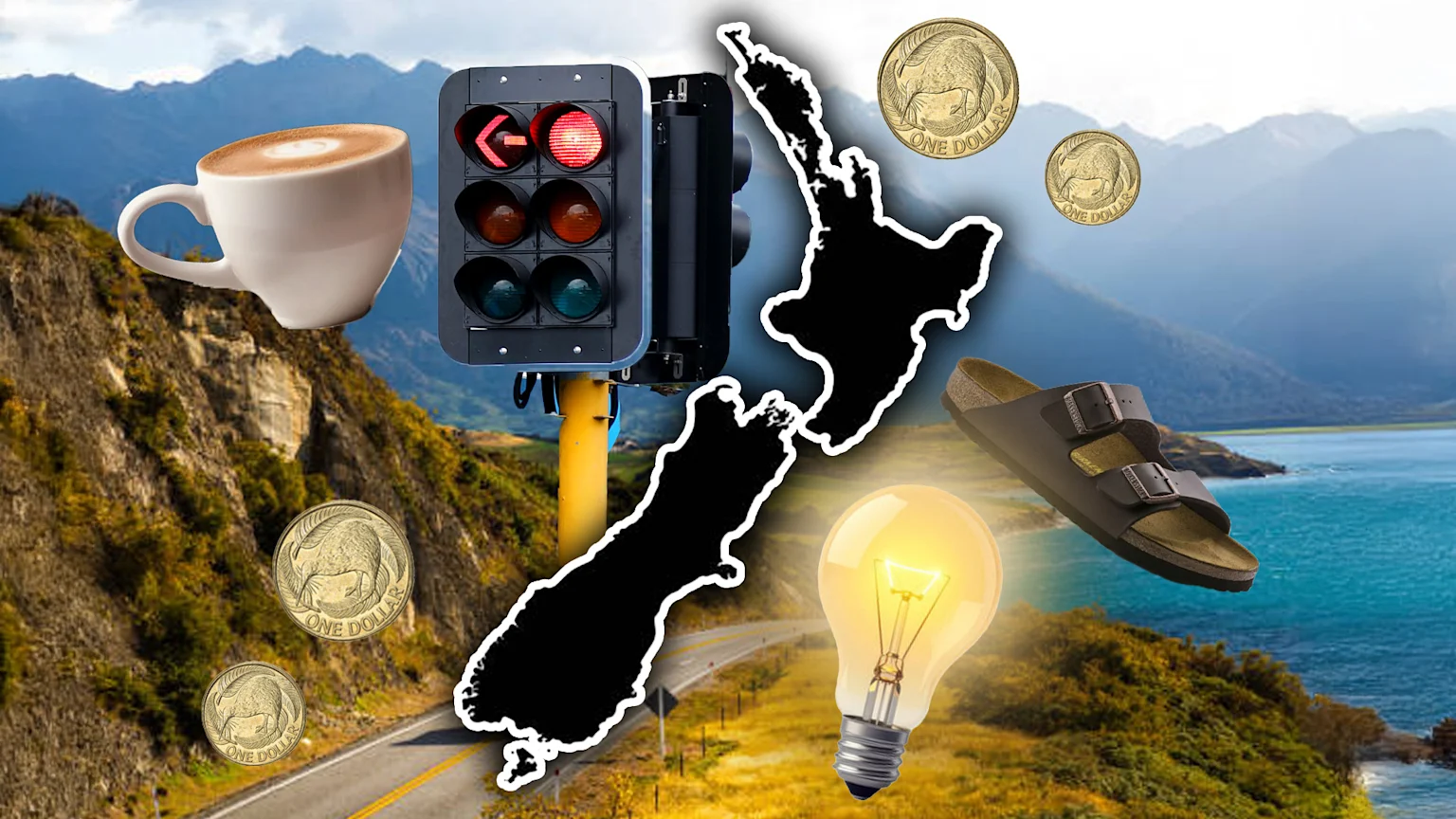 NZ background of a road surrounded by mountains - on top is a NZ map surrounded by a traffic light, $1 coins, a Birkenstock shoe, light bulb and coffee mug.