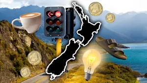 NZ background of a road surrounded by mountains - on top is a NZ map surrounded by a traffic light, $1 coins, a Birkenstock shoe, light bulb and coffee mug.