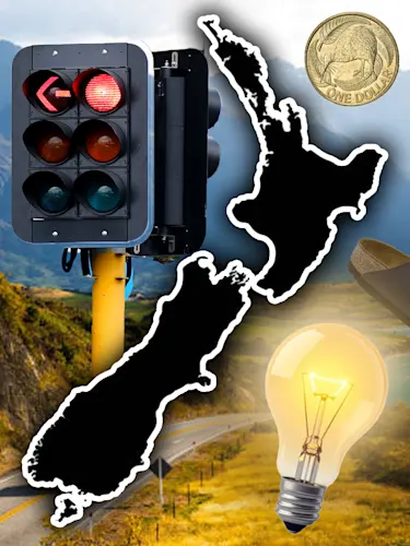 NZ background of a road surrounded by mountains - on top is a NZ map surrounded by a traffic light, $1 coins, a Birkenstock shoe, light bulb and coffee mug.