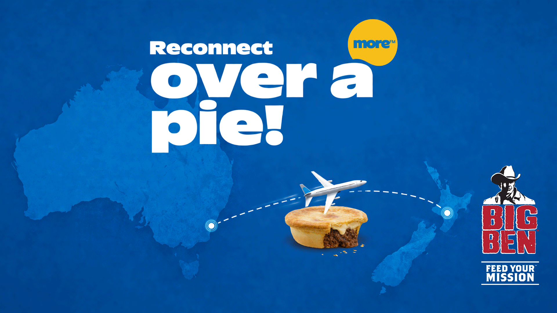 On a blue background with outlines of Australia and New Zealand, an airplane flies towards a meat pie, connected by a dotted line. Text reads "Reconnect over a pie!" alongside "more™" and "BIG BEN" logos.
