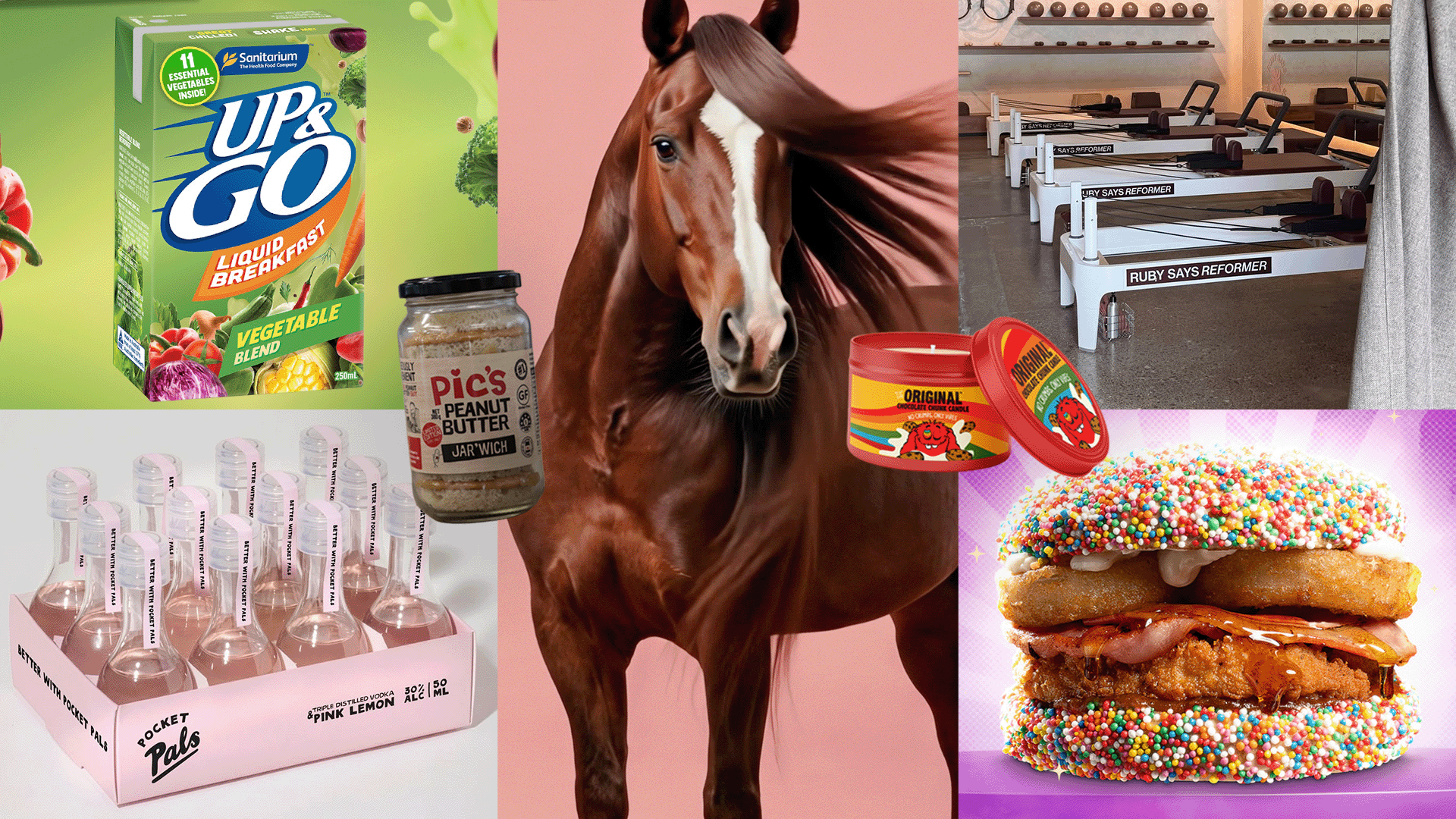 A collage shows a vegetable Up&Go drink carton, a peanut butter jar, a horse, a chocolate chip cookie candle, a sprinkle-covered burger, pilates reformers, and mini vodka bottles.