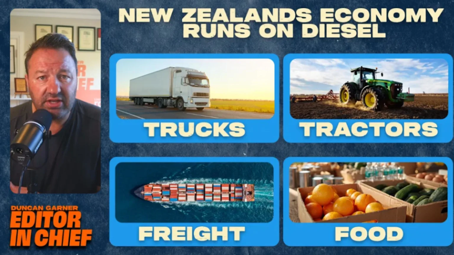 A man speaks into a microphone beside a graphic stating "New Zealand's Economy Runs on Diesel" with images of trucks, tractors, a freight ship, and food.