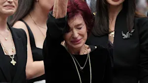 Sharon Osbourne at Ozzy Osbourne's funeral looking sad.