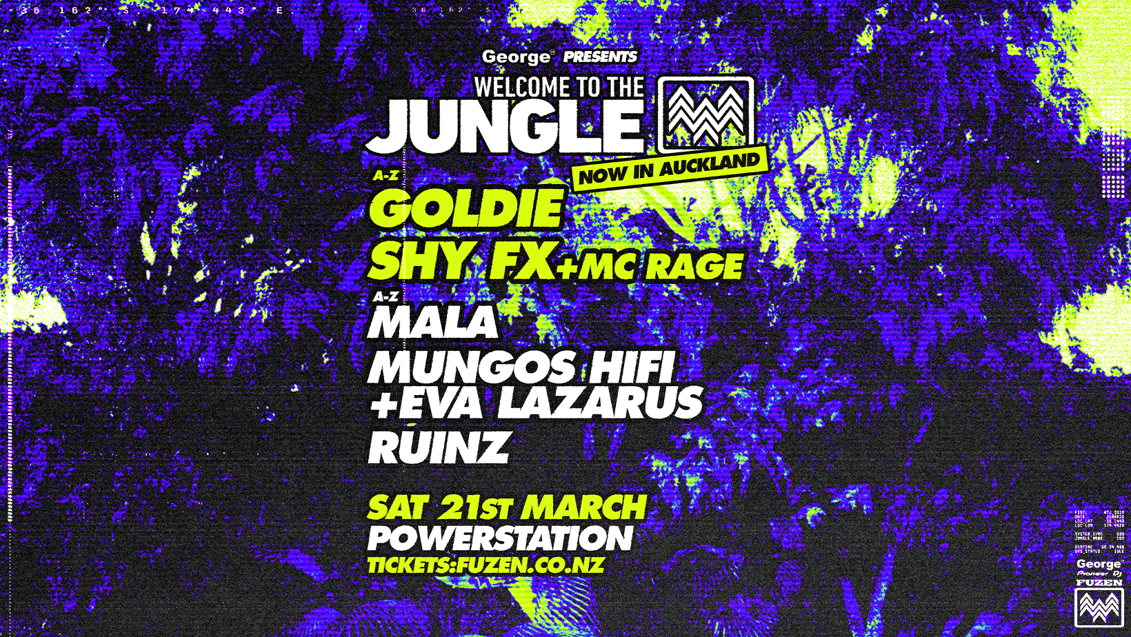 A neon purple and lime green glitch art music festival poster for George Presents Welcome to the Jungle, featuring Goldie, Shy FX, Mala, and Mungos Hifi playing in Auckland.