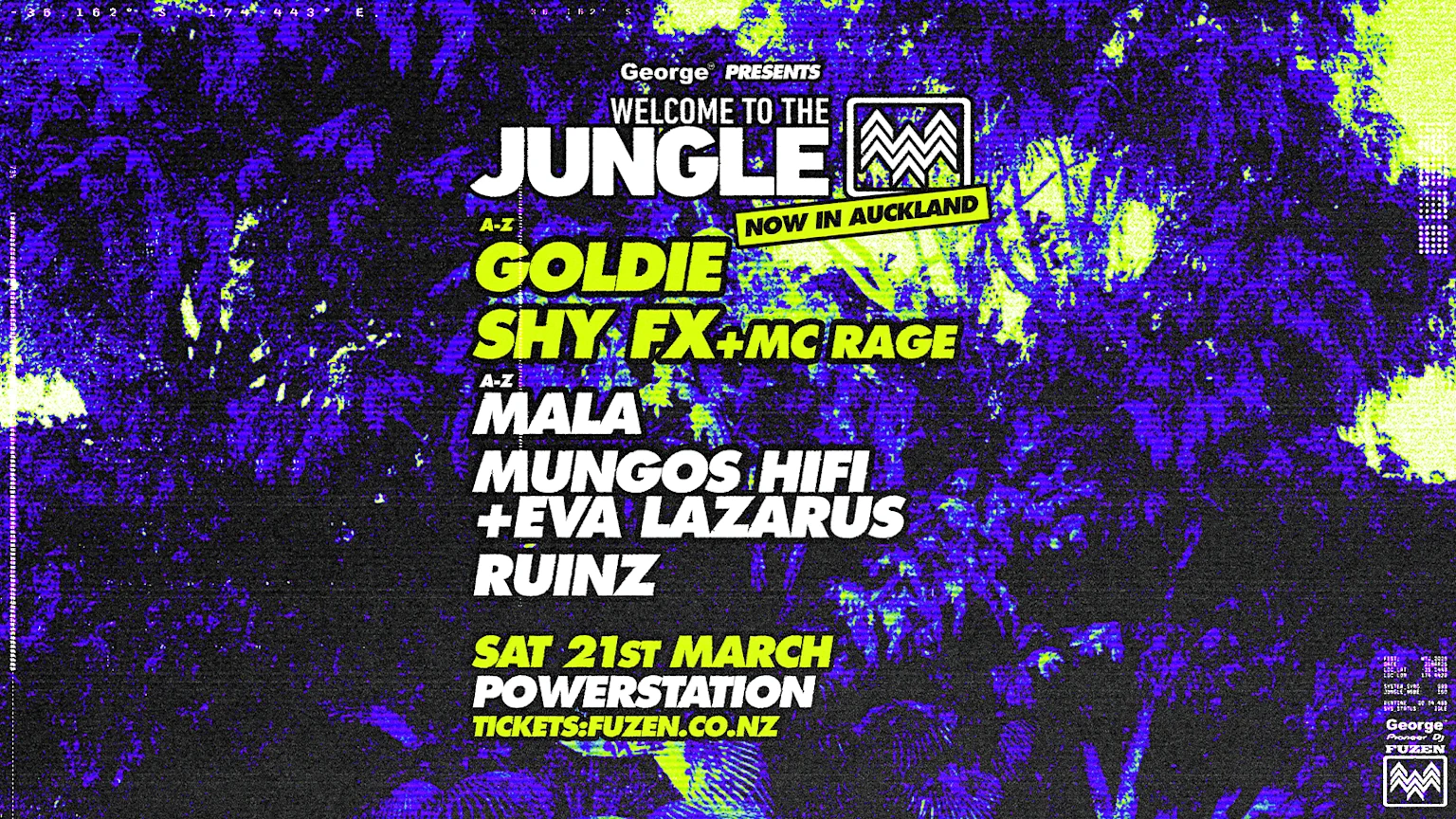 A neon purple and lime green glitch art music festival poster for George Presents Welcome to the Jungle, featuring Goldie, Shy FX, Mala, and Mungos Hifi playing in Auckland.