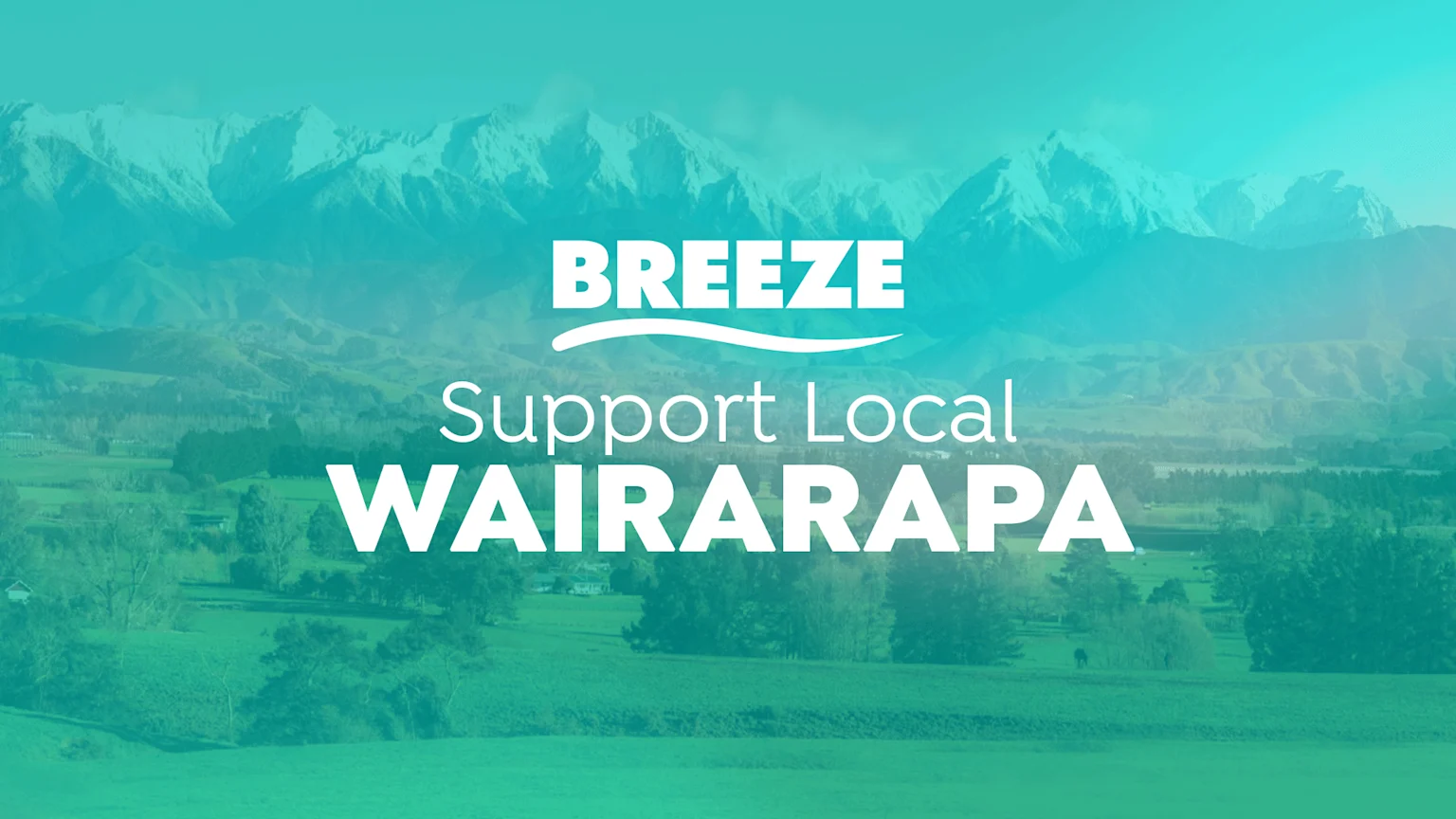 "BREEZE Support Local WAIRARAPA" text is prominently displayed over a scenic Wairarapa landscape with mountains and green hills, above two rows of diverse local business logos.
