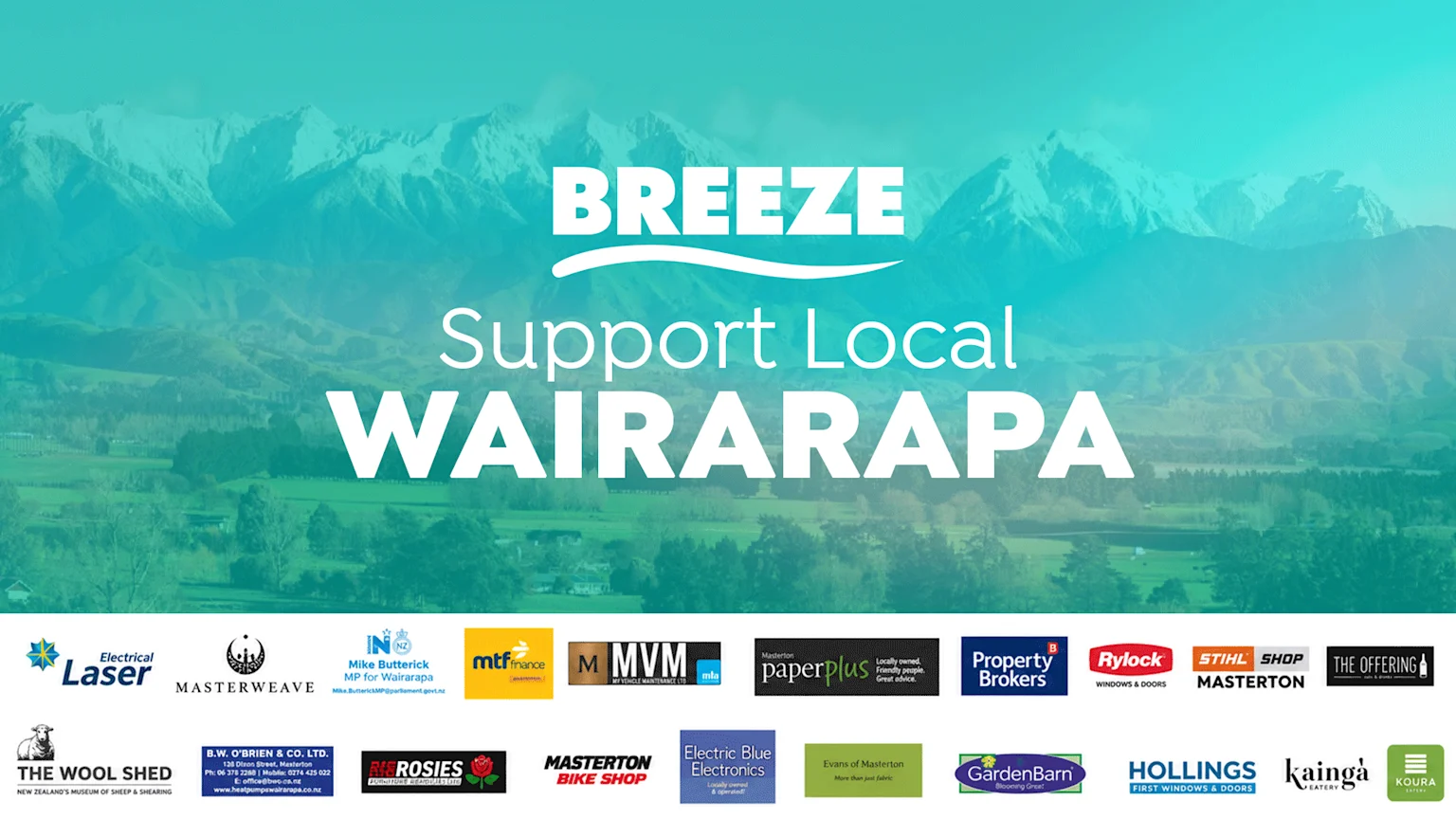 "BREEZE Support Local WAIRARAPA" text is prominently displayed over a scenic Wairarapa landscape with mountains and green hills, above two rows of diverse local business logos.