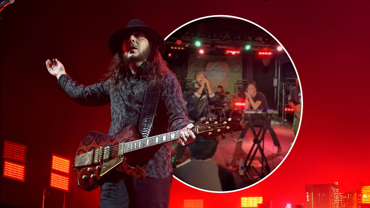System of a Down guitarist Daron Malakian performing onstage, next to a picture of him performing with a cover band.