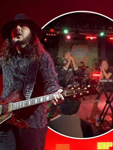 System of a Down guitarist Daron Malakian performing onstage, next to a picture of him performing with a cover band.