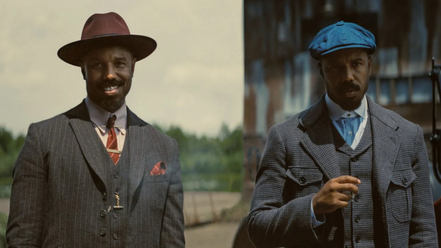 Two side-by-side portraits of a man in period clothing: on the left, he wears a burgundy hat, pinstripe suit, and red tie with a smile; on the right, he wears a blue cap, patterned grey jacket, and blue shirt with a serious expression.