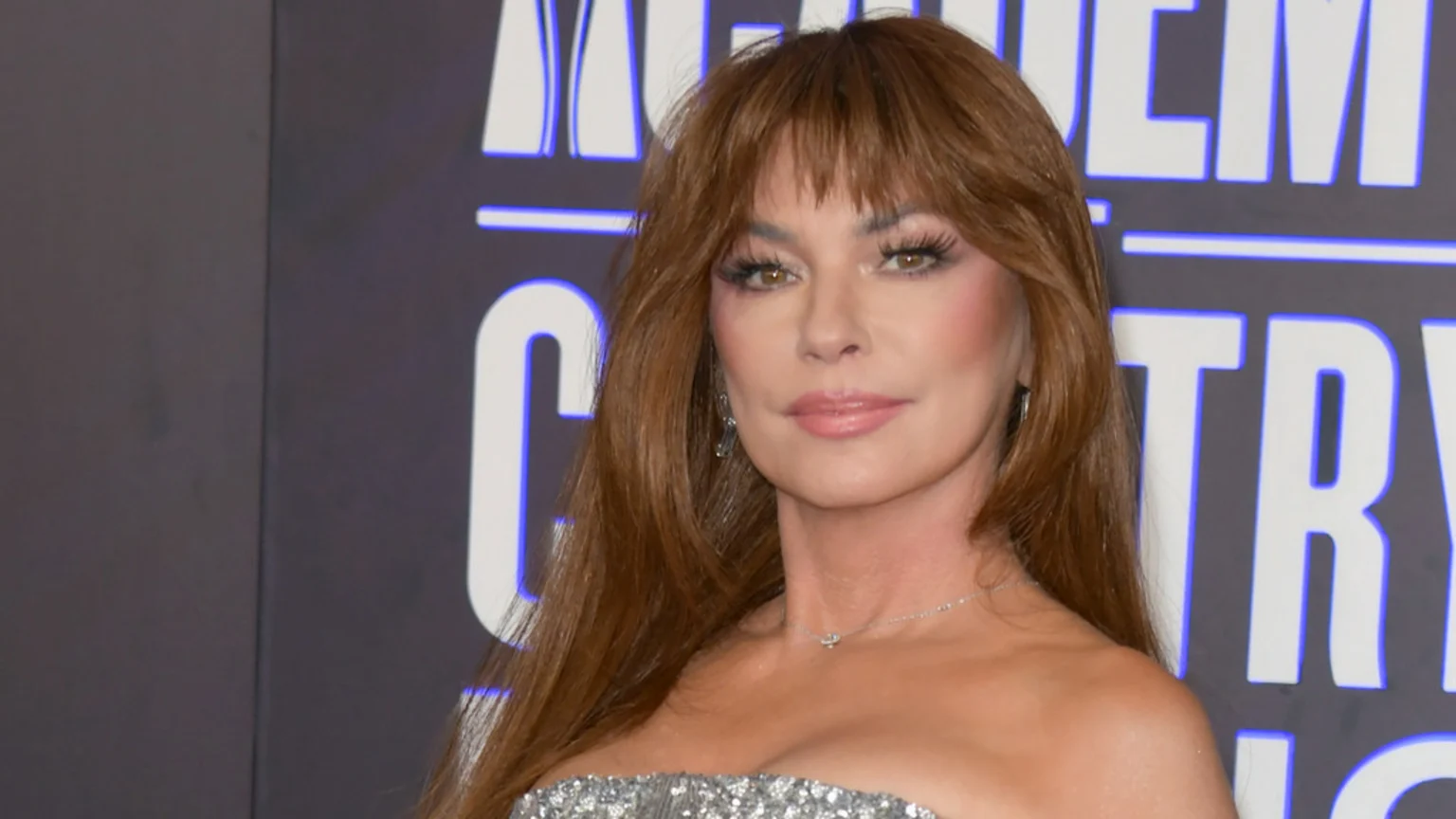 Shania Twain, with long brown hair and bangs, poses in a sparkling silver strapless top, looking directly at the camera against a dark background with glowing text.