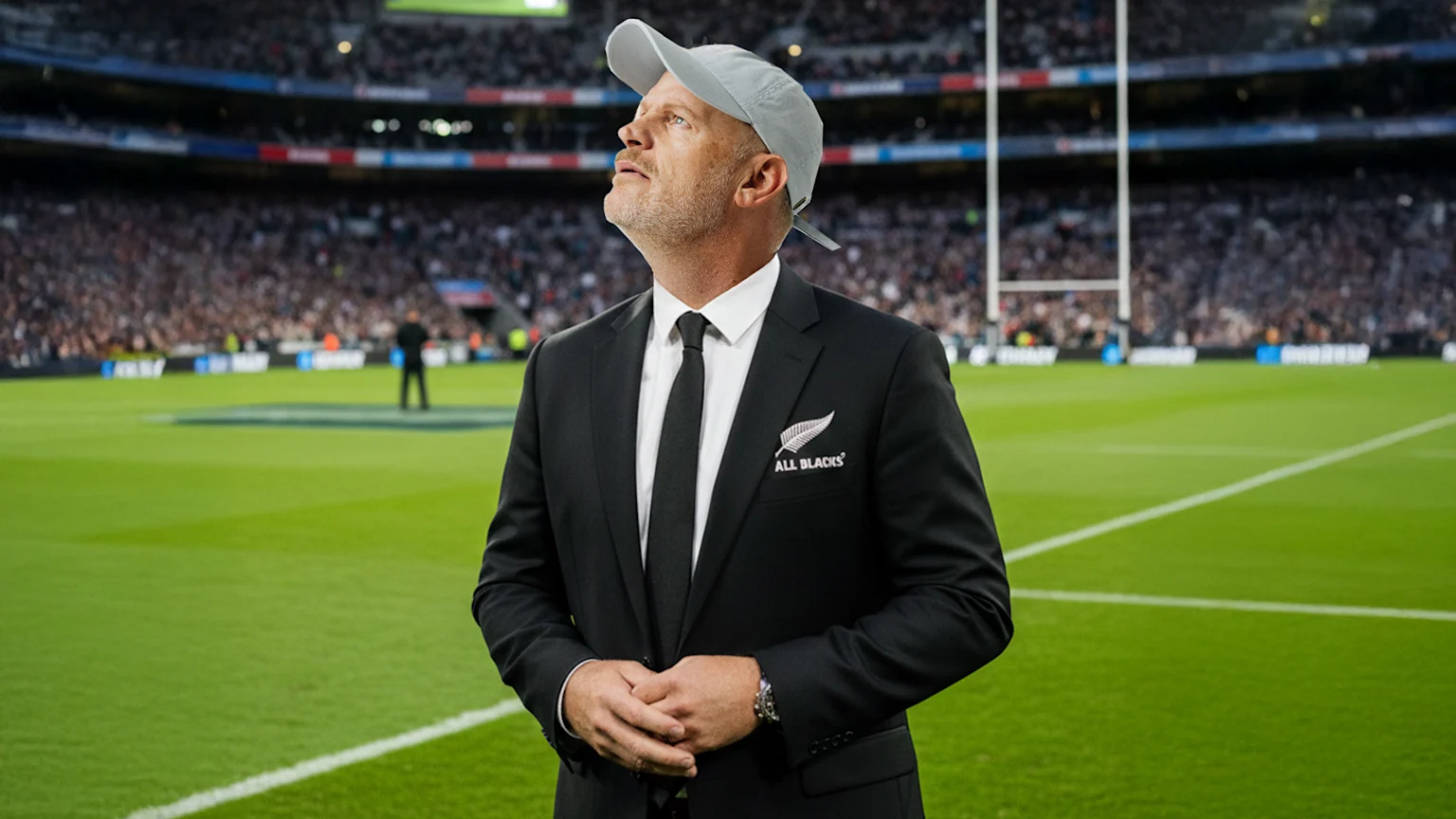 Picture of Andrew Mulligan's head photoshopped onto an all blacks coach, standing in the middle of a rugby field, looking up with a concentrated look on his face.