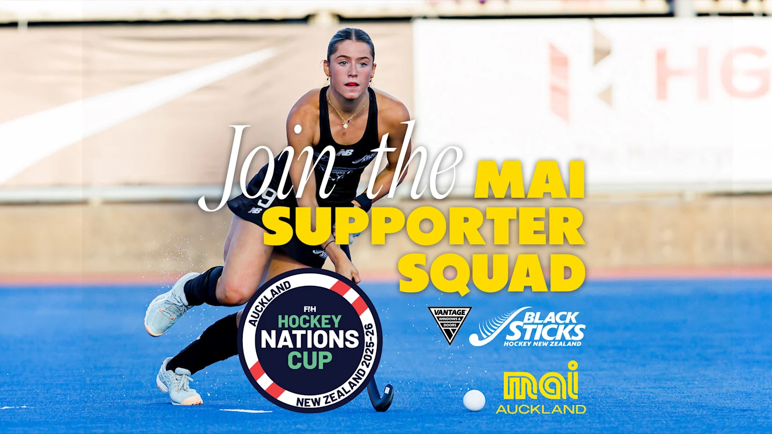 A female hockey player on a blue field with a hockey stick and ball, overlaid with the white text "Join the" and yellow text "MAI SUPPORTER SQUAD," alongside various sponsor and event logos.