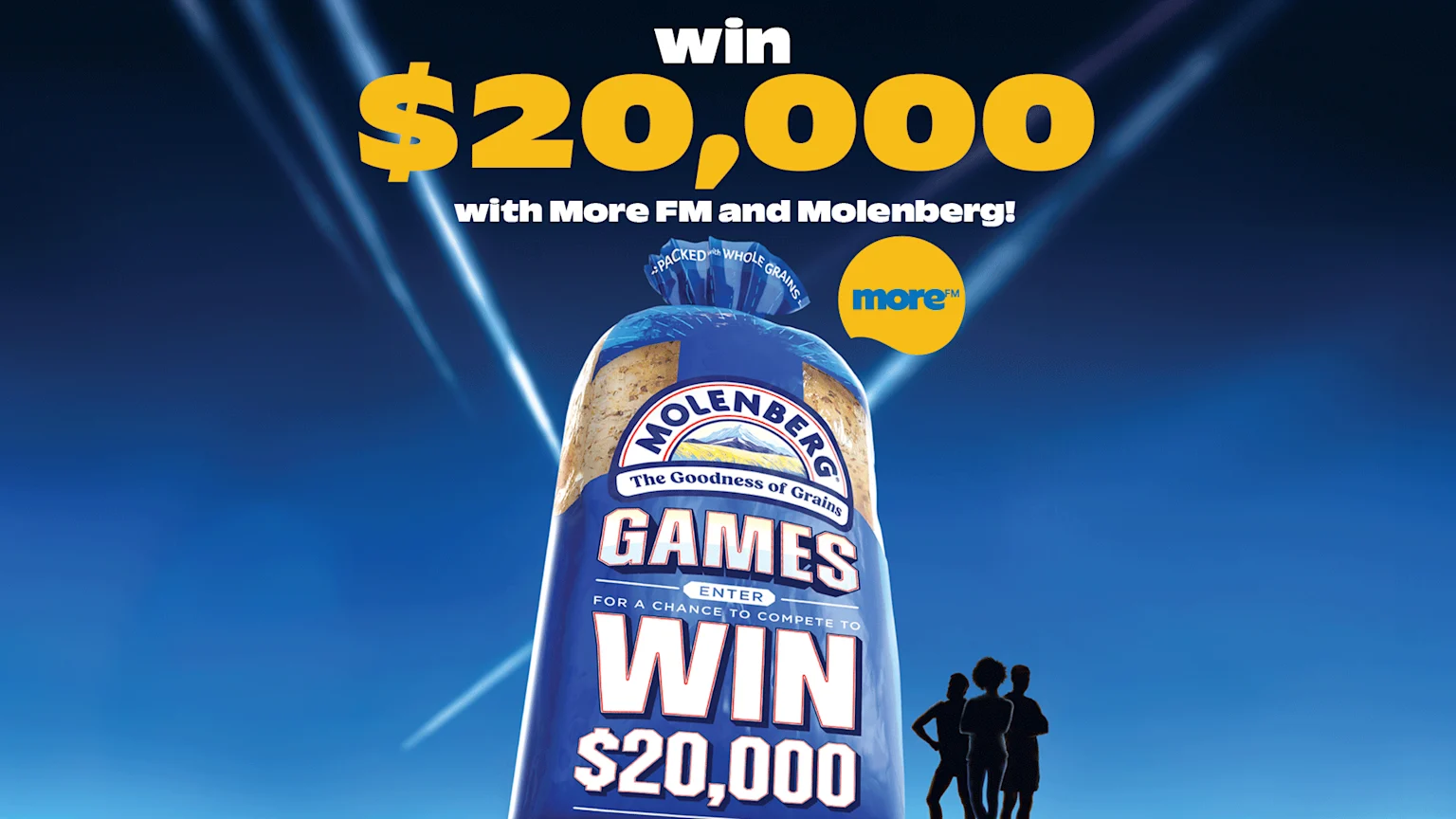 A large Molenberg bread loaf features "GAMES" and "WIN $20,000" text, with the overall promotion "win $20,000 with More FM and Molenberg!" and a More FM logo visible, alongside three silhouettes of people on a blue background.