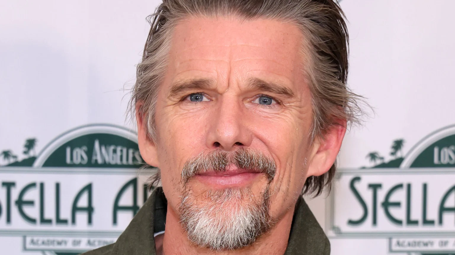 A headshot of Ethan Hawke smiling slightly, with blue eyes, a graying goatee, and brown hair, against a blurred white and green banner.