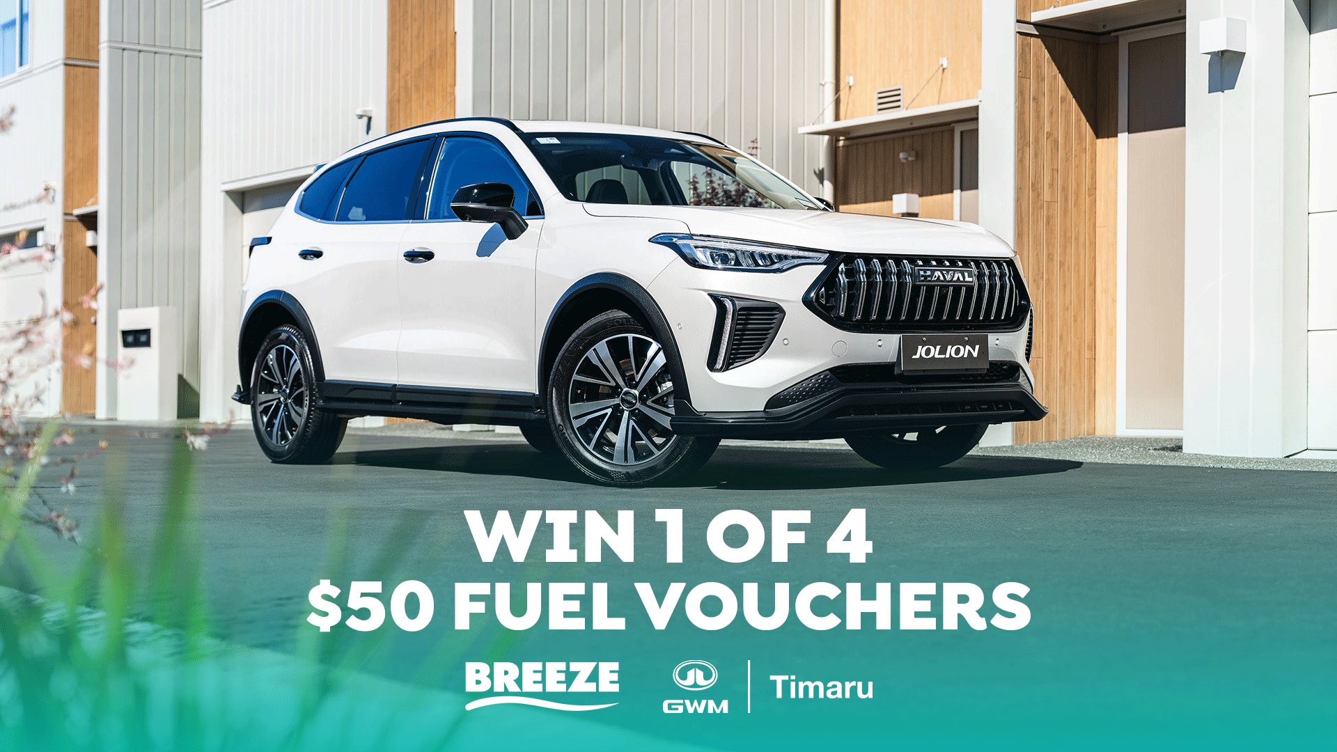 A white Haval Jolion SUV is parked on an asphalt driveway in front of modern buildings, with text "WIN 1 OF 4 $50 FUEL VOUCHERS" and brand logos overlaid at the bottom.