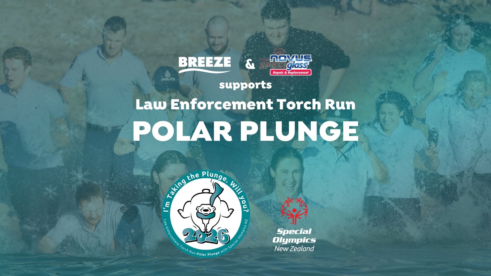 Participants, including police officers, splash in water for the 2026 Law Enforcement Torch Run Polar Plunge, featuring logos for Breeze, Novus Glass, and Special Olympics New Zealand.
