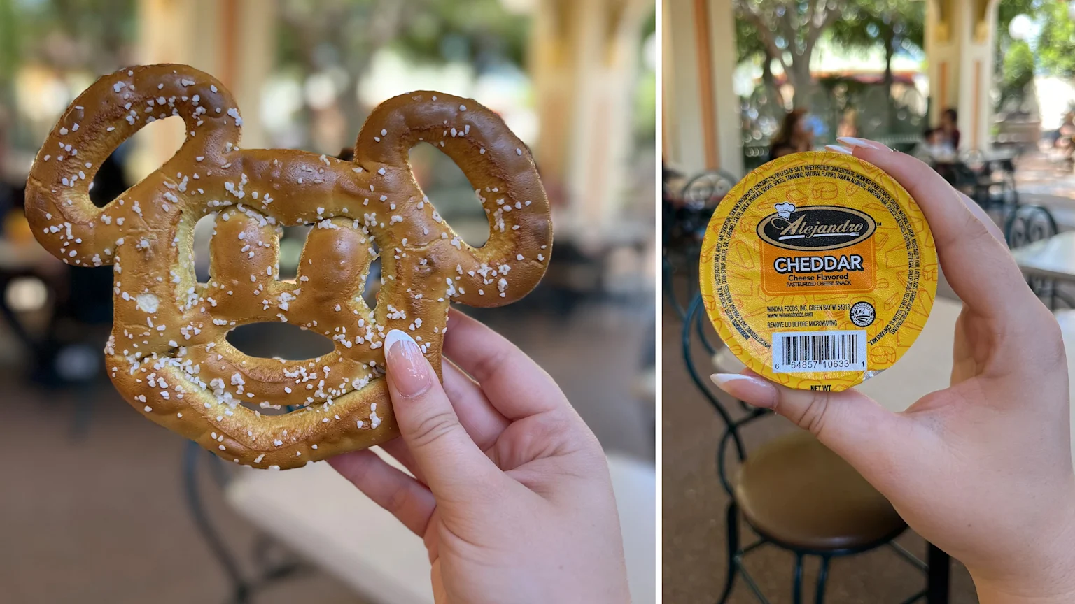 Left - Mickey Mouse-shaped pretzel. Right - Cheddar cheese dip