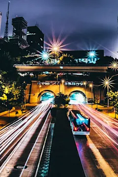 City highway with light trails at night