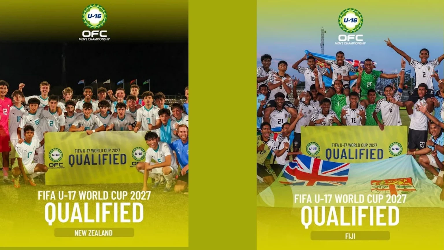 Two posters show young football teams celebrating qualification for the FIFA U-17 World Cup 2027, with the New Zealand team on the left and the Fiji team on the right, both holding "QUALIFIED" banners.