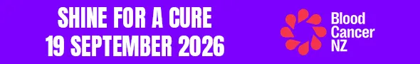 A purple banner with "SHINE FOR A CURE 19 SEPTEMBER 2026" in white text, next to the Blood Cancer NZ logo with red teardrop shapes.