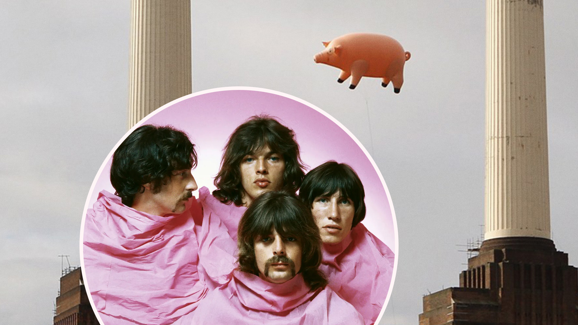 Image of Pink Floyd's inflatable pig (part of the 'Animals' album cover) with a circlar image of Pink Floyd wrapped in pink paper overlayed on top 