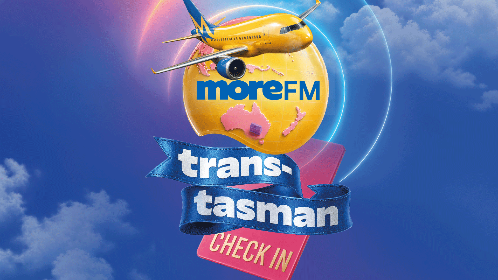 A vibrant graphic with a yellow airplane flying past a blue "trans-tasman" ribbon and a pink "CHECK IN" sign, a globe showing Australia and New Zealand, "moreFM," and "Play on rova."