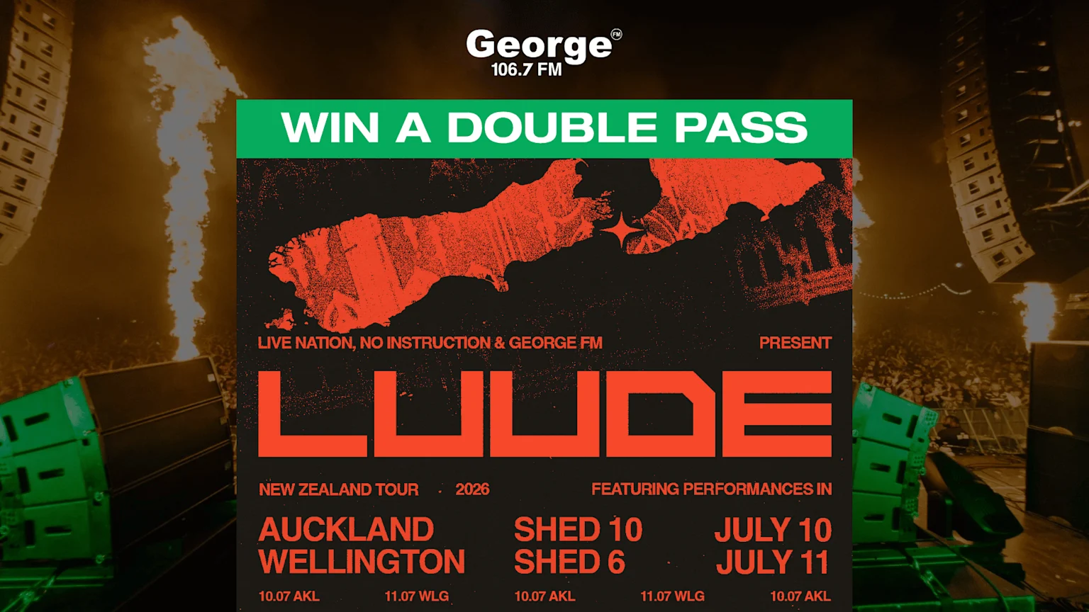 A promotional poster for LUUDE's New Zealand Tour 2026, with dates for Auckland and Wellington (July 11), a "Win a Double Pass" banner, and sponsors Live Nation, No Instruction, and George FM.