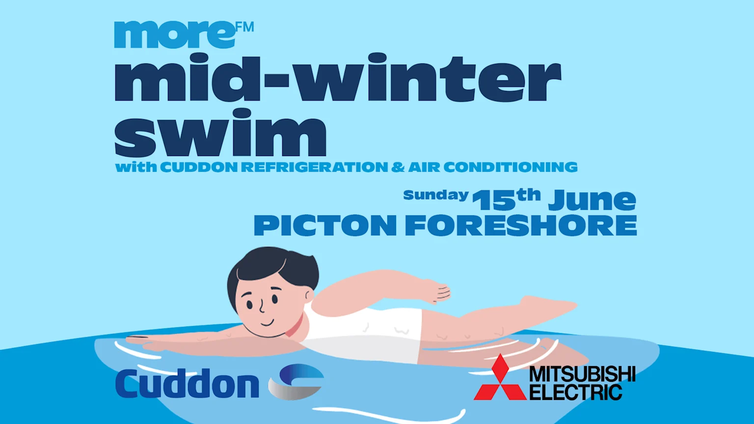 Promotional poster for the More FM Mid-Winter Swim on Sunday, 15th June at Picton Foreshore, featuring a cartoon swimmer and Cuddon and Mitsubishi Electric logos.