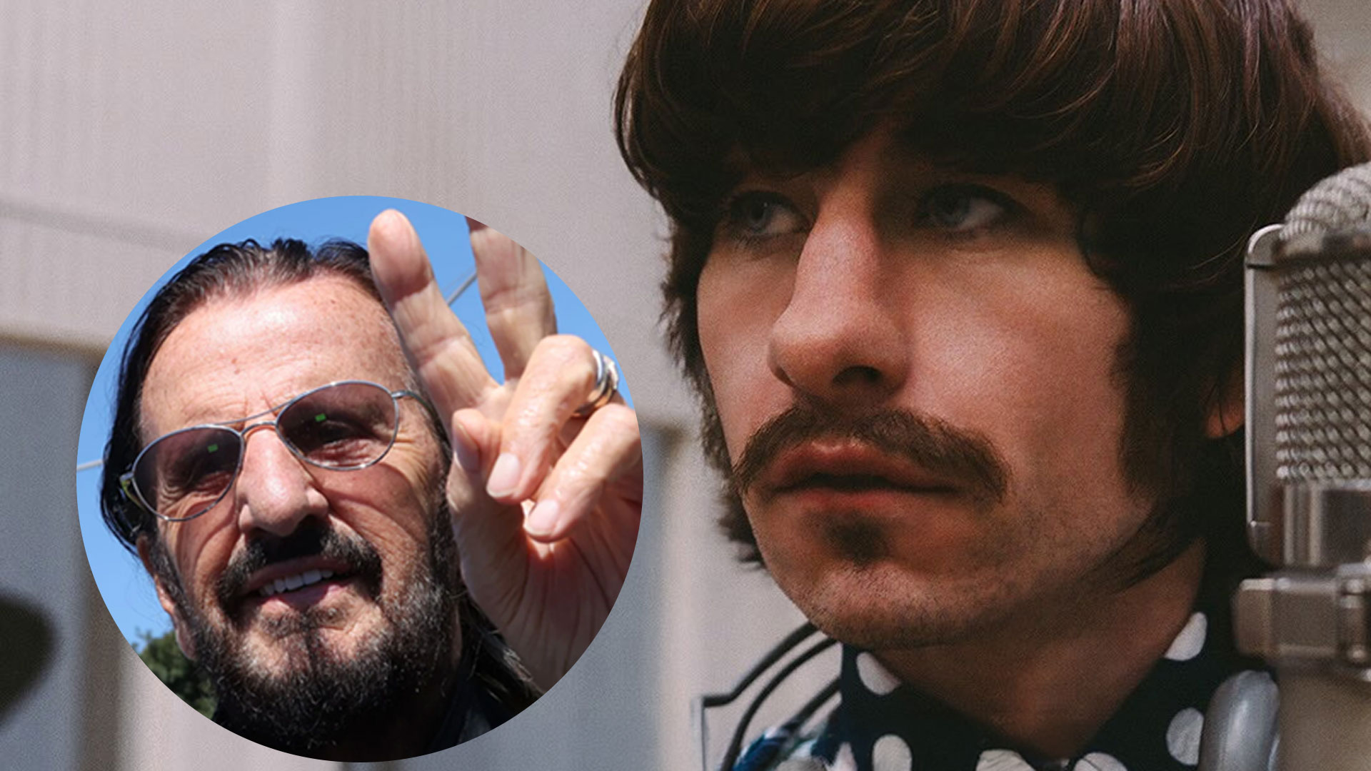 A composite image shows a serious young man with a mustache, sideburns, and a polka-dot shirt looking up-left, with a microphone on the right, and a smiling older man with a beard, sunglasses, and a peace sign in a circular inset.