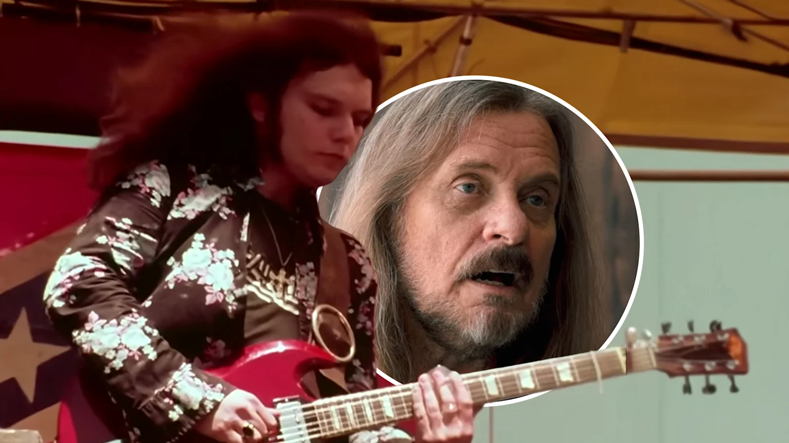 An image of Lynyrd Skynyrd's late guitarist Gary Rossington playing the guitar, with an image of another bandmate chatting in a circle next to him.