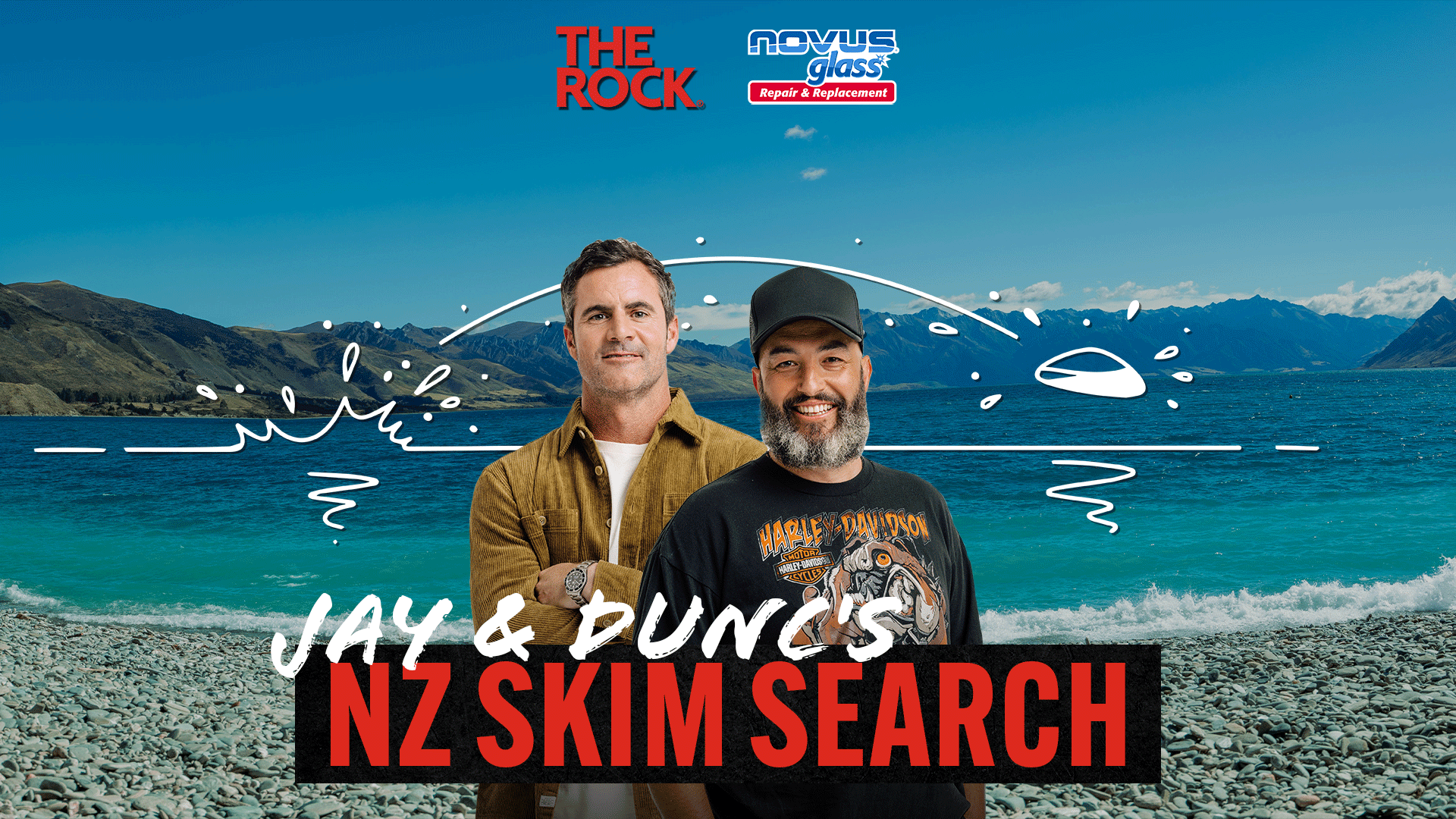 Two smiling men, Jay and Dunc, stand in front of a scenic lake and mountains, with "THE ROCK" and "NOVUS GLASS" logos, and text "JAY & DUNC'S NZ SKIM SEARCH" featuring white line art of water ripples and a skimming stone.