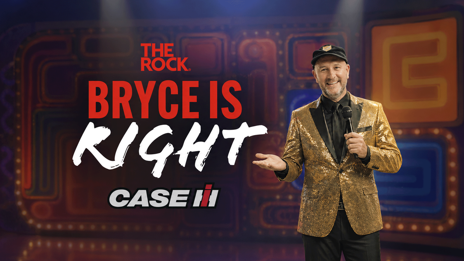 A smiling man in a gold sequin jacket holds a microphone, gesturing towards text that reads "BRYCE IS RIGHT" and "CASE IH" on a colorful game show stage background.