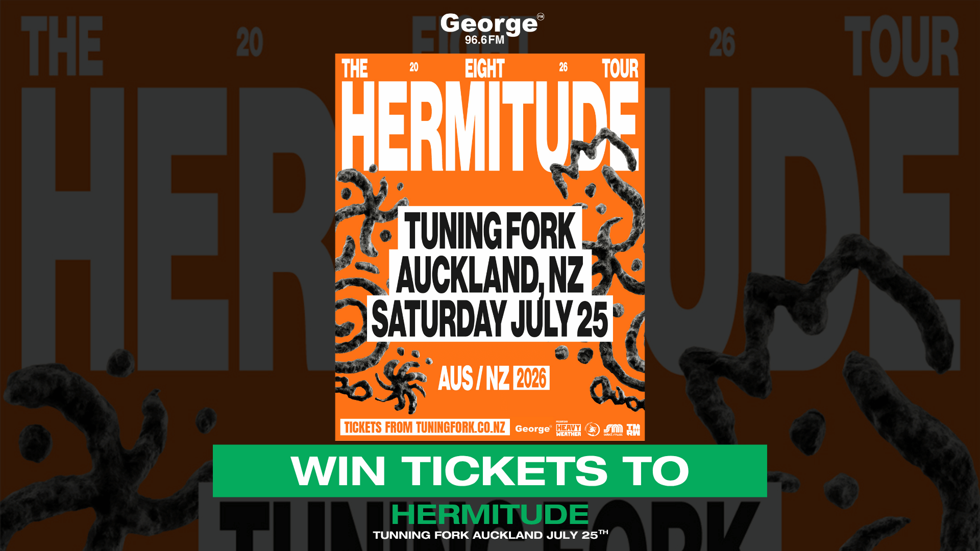 A promotional image featuring an orange concert poster for Hermitude's 2026 tour at Tuning Fork Auckland on July 25th, overlaid by a green banner offering a chance to win tickets.