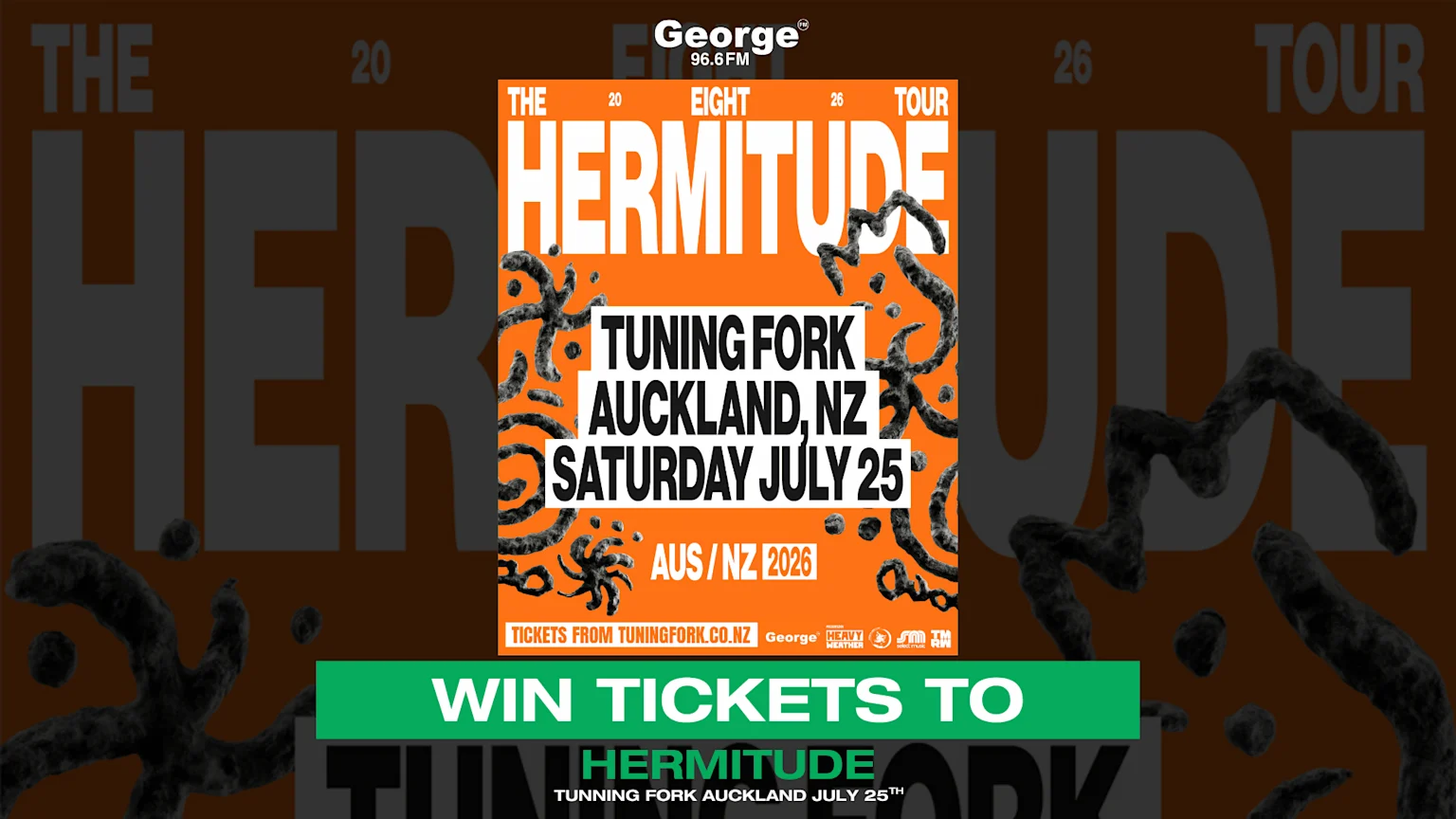 A promotional image featuring an orange concert poster for Hermitude's 2026 tour at Tuning Fork Auckland on July 25th, overlaid by a green banner offering a chance to win tickets.