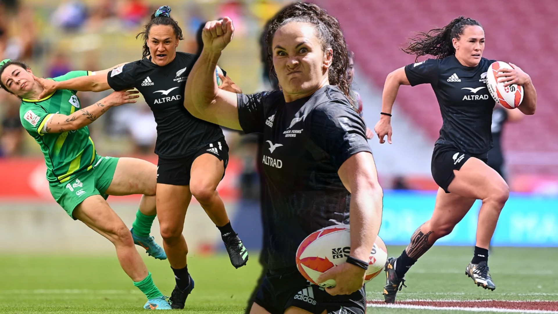 New Zealand rugby player Portia Woodman-Wickliffe is featured in a three-panel collage, showing her tackling an opponent, flexing with an intense expression, and running with a rugby ball in her black Black Ferns jersey.