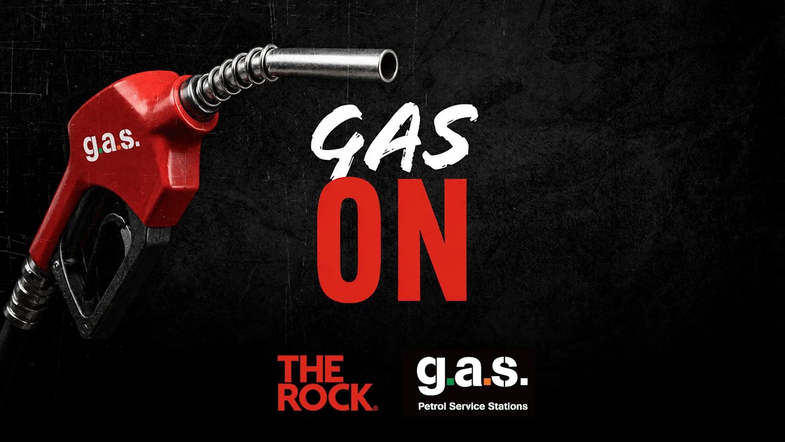 A red gas pump nozzle on a dark background, with large white and red text "GAS ON," and logos for "THE ROCK" and "g.a.s. Petrol Service Stations" at the bottom right.