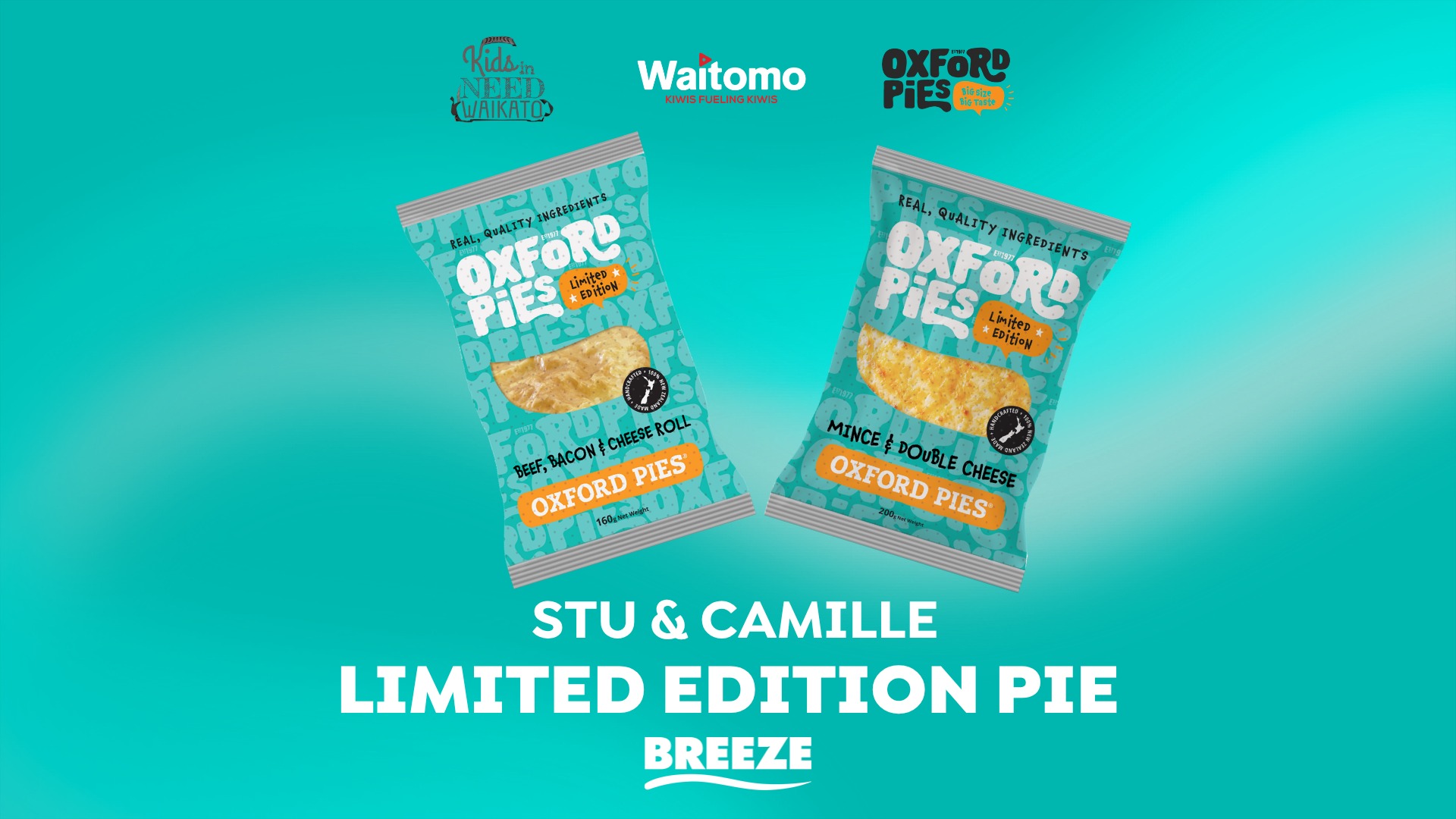 Two Oxford Pies 'Limited Edition' packages, a 'Beef, Bacon & Cheese Roll' and a 'Mince & Double Cheese,' stand on a turquoise background with 'STU & CAMILLE LIMITED EDITION PIE BREEZE' text.