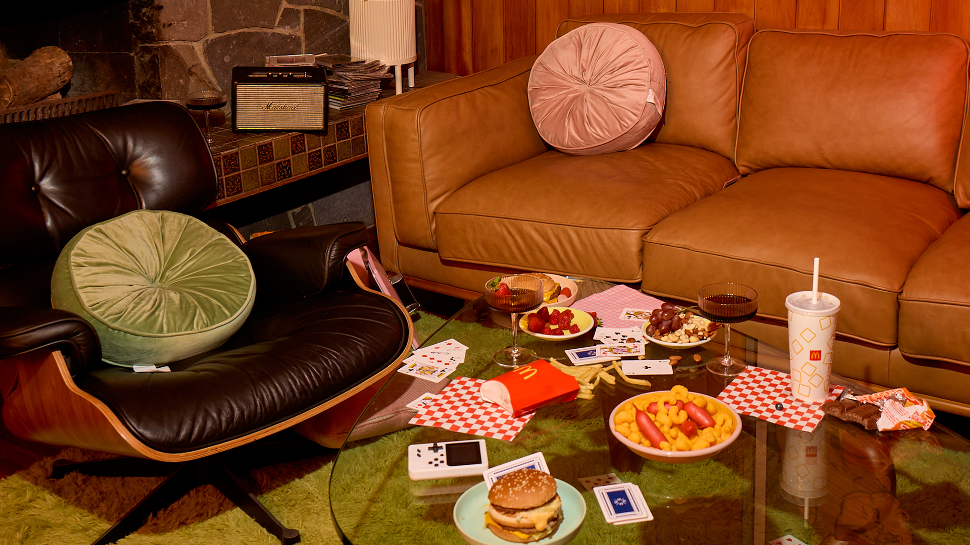 Cozy lounge with fast food and card game