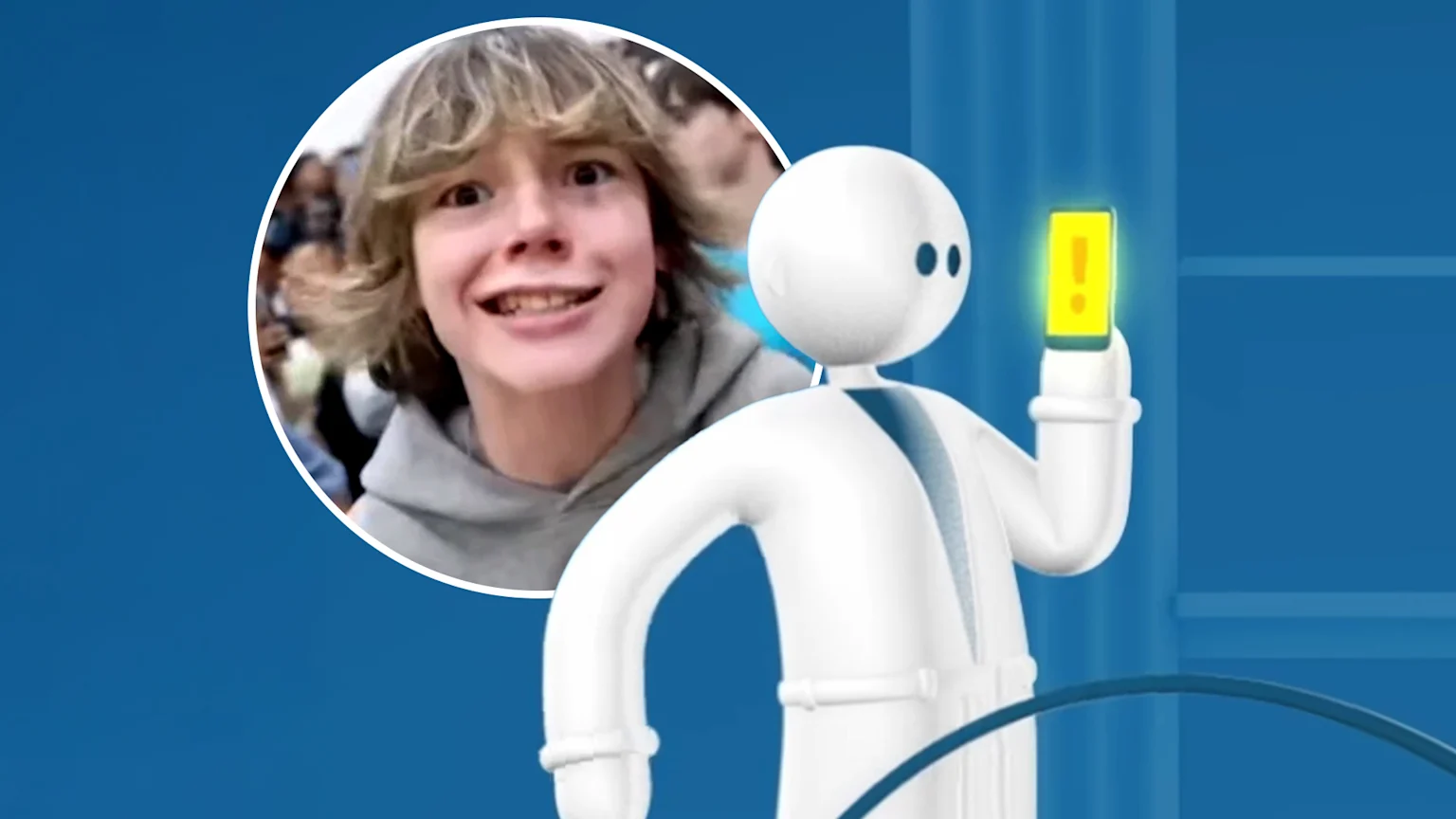 A wide-eyed young person with a large, somewhat exaggerated grin appears in a circular inset reacting to a white humanoid figure holding up a glowing yellow warning alert with an exclamation mark.