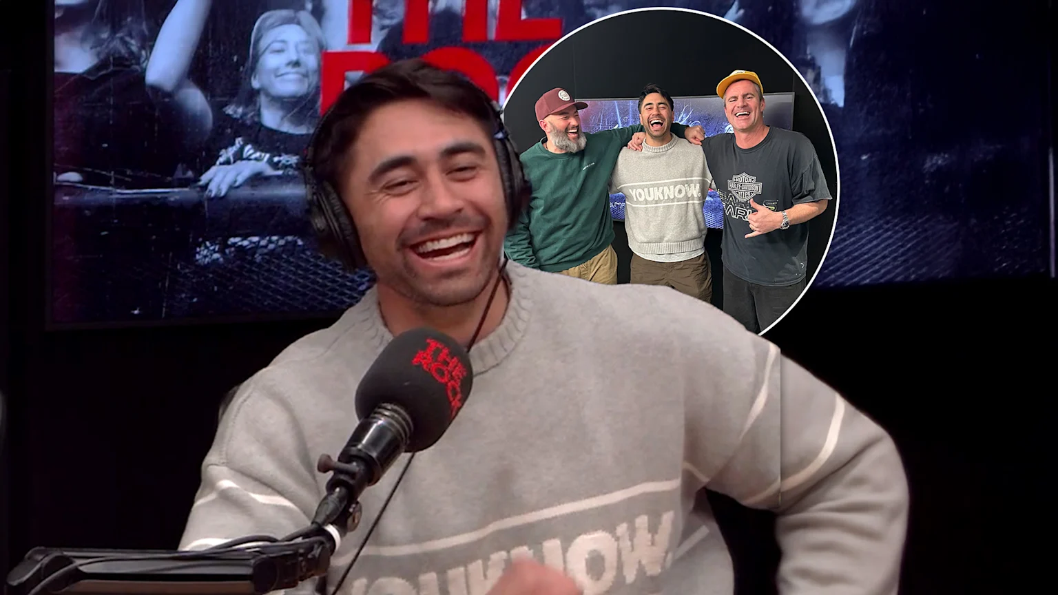 Shaun Johnson laughing on screen, and a picture with him and Rock Drive's hosts Jay Reeve and Duncan Heyde.