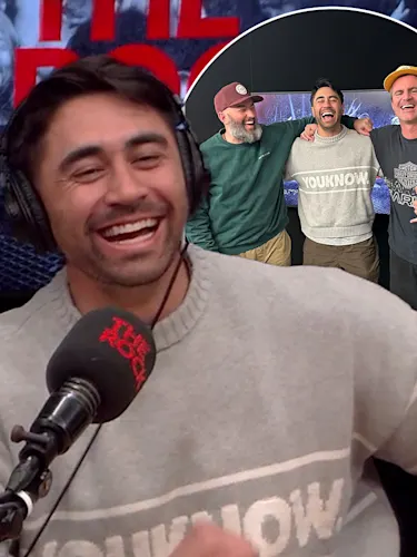 Shaun Johnson laughing on screen, and a picture with him and Rock Drive's hosts Jay Reeve and Duncan Heyde.