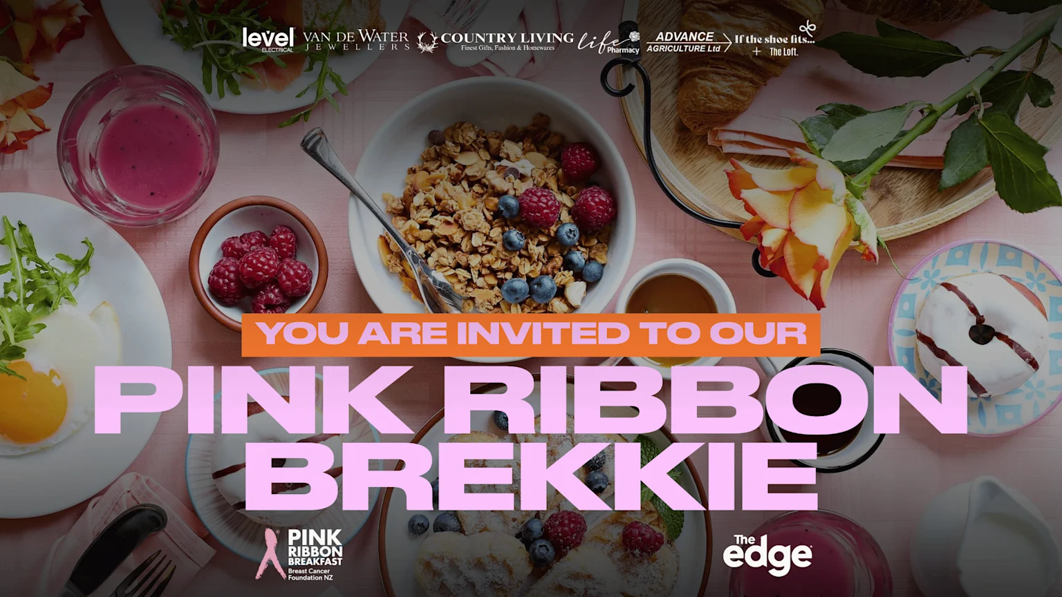 A vibrant flat lay of a breakfast spread on a pink tablecloth, showing various foods and drinks, overlaid with the text "YOU ARE INVITED TO OUR PINK RIBBON BREKKIE" and the Breast Cancer Foundation NZ logo.
